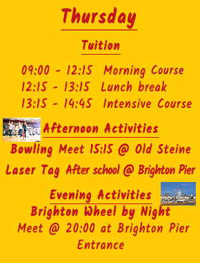 Freizeitprogramm Sprachreise Brighton Beispiel Donnerstag